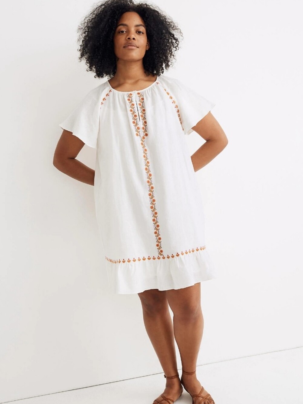 Madewell Embroidered Linen-Blend Raglan Ruffle Mini Dress Medium